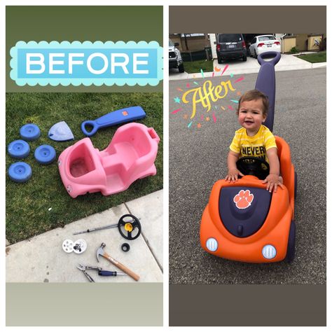 Step2 Push Car Makeover! #clemsontigers Push Around Buggy Makeover, Diy Push Car Makeover, Step 2 Push Car Makeover, Push Car Makeover, Tikes Car Makeover, Mommy Costumes, Little Tikes Makeover, Car Makeover, Cozy Coupe Makeover