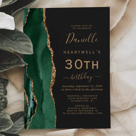 Emerald Green Gold Agate Dark 30th Birthday Party Invitation | Zazzle Dark 30th Birthday, 30th Birthday Ideas For Women, 64th Birthday, 30th Birthday Party Invitations, 30th Birthday Party, Gold Theme, 30th Birthday Parties, Green Watercolor, Birthday Woman