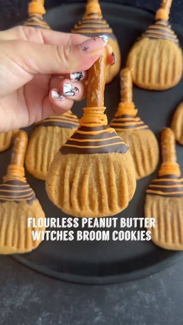 Melissa on Instagram: "FLOURLESS PEANUT BUTTER WITCHES BROOM COOKIES🧹🧙🏻‍♀️

Welcome to episode 35 of @melissas_healthykitchen spooky eats series. Today it’s how to make gluten free flourless peanut butter witches broom cookies. Such an easy and fun Halloween dessert idea.

Save this post for later and follow along for more spooky eats!

Flourless Peanut Butter Witches Broom Cookies
Makes 15 cookies
Cookie Ingredients:
1 cup creamy organic peanut butter (substitute sunflower butter to make nut free)
1 cup maple sugar + 1/4 cup for rolling in (substitute any sugar you like)
1 large pasture raised organic egg
1/2 tsp salt
1 tsp vanilla extract

Additional ingredients needed:
1 cup chocolate chips of choice 
1/2 cup white chocolate chips of choice 
Dye free orange food coloring
15 Gluten fr Peanut Butter Substitute, 15 Cookies, Fun Halloween Desserts, Cookie Ingredients, Orange Food, Butter Substitute, Witches Broom, Sunflower Butter, Orange Food Coloring