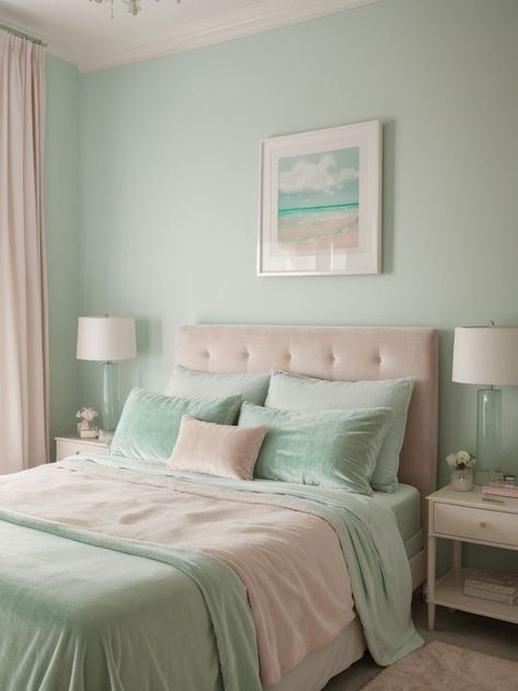 Pastel Bedroom Aesthetic, Green Room Ideas Bedroom, Blue Green Bedrooms, Mint Green Bedroom, Mint Green Rooms, Mint Bedroom, Green Bedroom Walls, Mint Green Walls, Mint Rooms