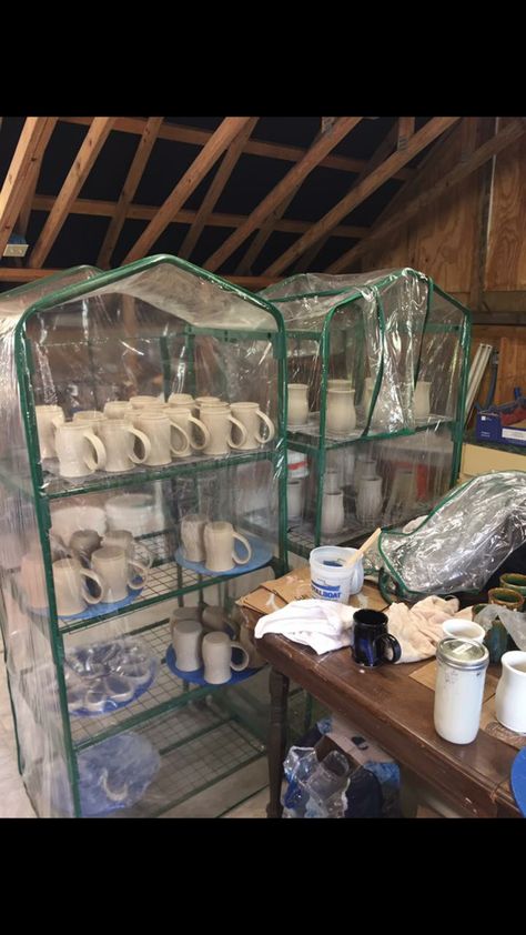 Pottery Drying Rack, Pottery Studio In Garage, Pottery Studio Shelves, Pottery Drying Shelves, Pottery Shed Ideas, Garage Ceramic Studio, Garage Pottery Studio Ideas, Small Pottery Studio Ideas, Pottery Studio Ideas Spaces