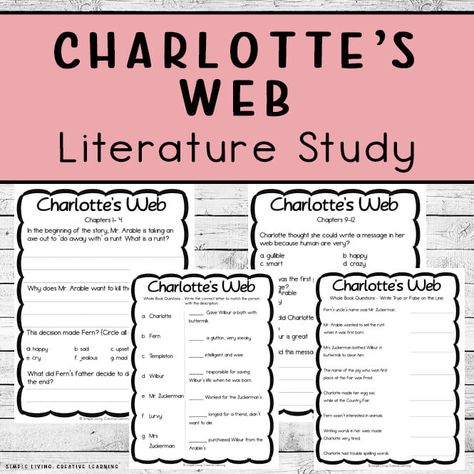 Charlottes Web Worksheets Free, Charlottes Web Unit Study Free, Charlottes Web Activities Free, Charlotte's Web Activities 3rd Grade, Charlottes Web Book Study, Charlotte’s Web Project, Spider Unit Study, Novel Study Project, Charlotte Web