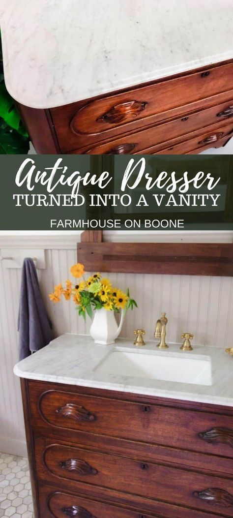 Dresser Sink Vanity Farmhouse, Farmhouse Dresser Vanity Bathroom, Bathroom Vanity Using Antique Dresser, Bathroom Vanity 1920s, Antique Vanity Makeover Bathroom, Antique Dresser Sink Vanity, Bathroom Vanity For Cabin, Victorian Bathroom Vanity Ideas, Diy Marble Vanity Top