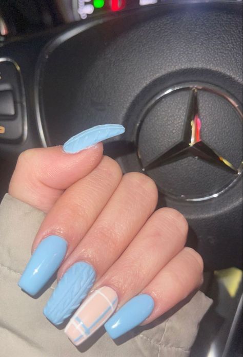 20+November Nails Designs With Winter Nail Ideas December Nails 2023 | Winter Nails Easy Light Blue Nails, Nails In Blue Colors, Powdered Blue Nails, Spring Sweater Nails, Light Blue Sweater Nails, Orange Sweater Nails, Blue Burberry Nails, Winter Nails 2022 Trends Gel Blue, Powder Blue Nail Ideas