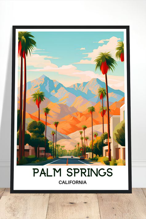 Experience the vibrant allure of Palm Springs with our stunning Palm Springs Travel Print. This American art print captures the essence of this iconic California destination, making it the perfect gift for travel lovers and art enthusiasts alike. With its bold and colorful design, this print adds a touch of wanderlust to any home decor. Whether you're a Palm Springs native or simply captivated by its charm, this travel poster will transport you to this sunny paradise with just a glance. Palm Springs Poster, California Illustration, Palm Springs Travel, Cards Poster, Palm Springs Art, Canva Fonts, Abstract Watercolor Landscape, California Poster, California Destinations