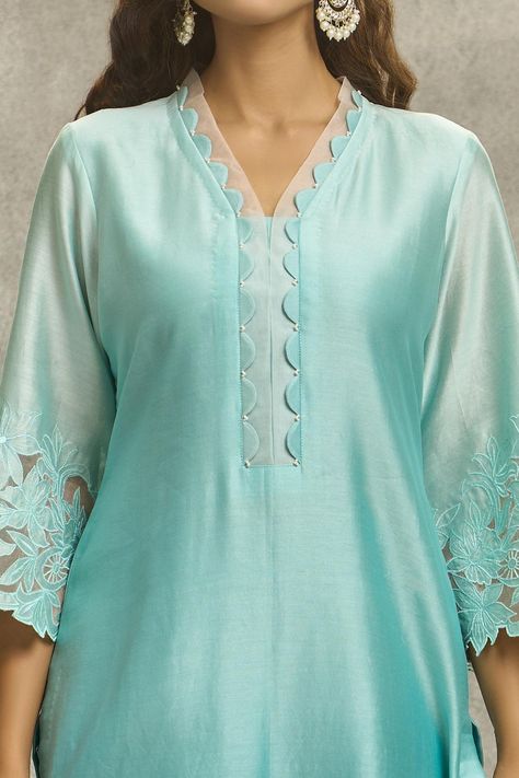 Buy Surabhi Arya Blue Silk Chanderi Thread Hand Embroidered Kurta And Palazzo Set Online | Aza Fashions Scallop Neckline Kurti, Floral Cutwork, Kurta Set With Dupatta, Kurta And Palazzo, Silk Kurti Designs, Flared Palazzo, Embroidery Fashion Detail, Kurta Patterns, Kaftan Designs