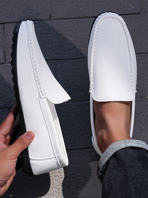 White  Collar   Plain Casual Loafers Embellished   Men Shoes White Loafers Outfit Men, Formal Shoes For Men Classy, White Loafers Outfit, White Dress Shoes Men, Groomsmen Shoes, Loafers Men Outfit, Men Swag, Mens Business Casual, Gents Shoes