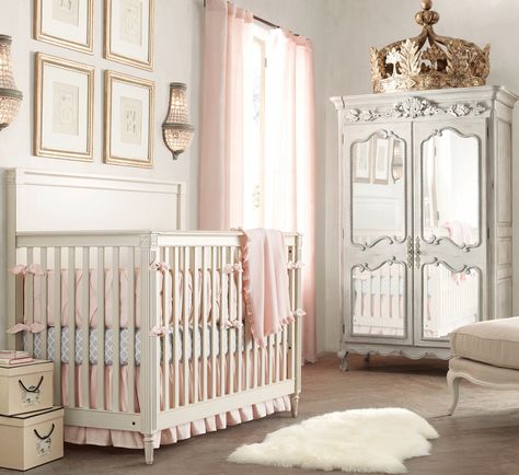 Give her highness a special space to call her own with the new Gilt Canopy Bed Crown ($725) and exquisite Adelaide Armoire ($1,799). Elegant Nursery, Restoration Hardware Baby, Bed Crown, Princess Nursery, White Crib, Dream Nurseries, Princess Room, Beautiful Nursery, Baby Bedroom