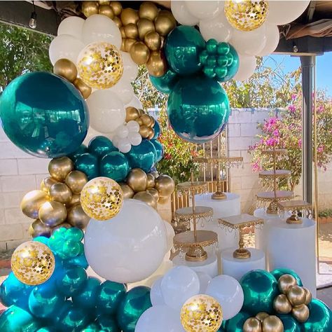 Emerald Green White And Gold Balloon Garland, Teal Gold Birthday Decorations, Black Gold And Turquoise Party Decor, Aqua And Gold Party Decorations, Teal And Gold 50th Birthday, Teal And Gold Event Decor, Light Blue And Green Balloon Garland, Teal Color Birthday Theme, Jade Themed Party