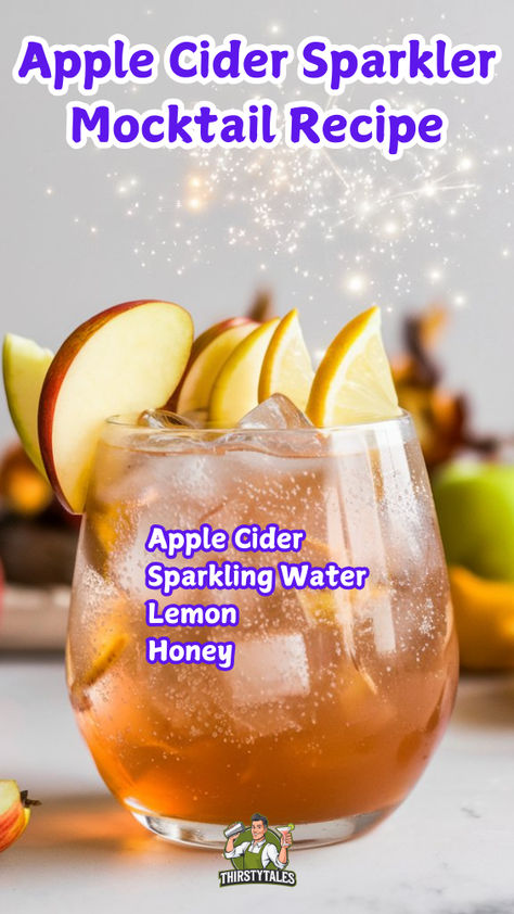 "Discover the ultimate Apple Cider Sparkler Mocktail Recipe, perfect for  fall gatherings and festive celebrations! This refreshing non-alcoholic  Apple Cider Sparkler combines the rich flavors of autumn with sparkling  cider for a delightful drink. Whether you're hosting a party or enjoying a  cozy evening, this Sparkling Apple Cider Mocktail is a must-try. Easy to  make, our Fall Apple Cider Sparkler is a hit for all ages!" Homemade Sparkling Cider, Cider Mocktail Ideas, Sparkling Cider Mocktail Non Alcoholic, Sparkling Drinks Non Alcoholic, Apple Cider Mocktail Recipe, Apple Cider Mocktail Non Alcoholic, Apple Cider Drinks Nonalcoholic, Sparkling Water Mocktail, Apple Mocktail