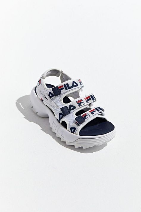 Slide View: 4: FILA UO Exclusive Disruptor Sandal Fila Sandals, White Platform Sandals, Fila Disruptor, Fila Logo, Trending Womens Shoes, Sandals Outfit, Womens Stilettos, Best Sneakers, Pretty Shoes