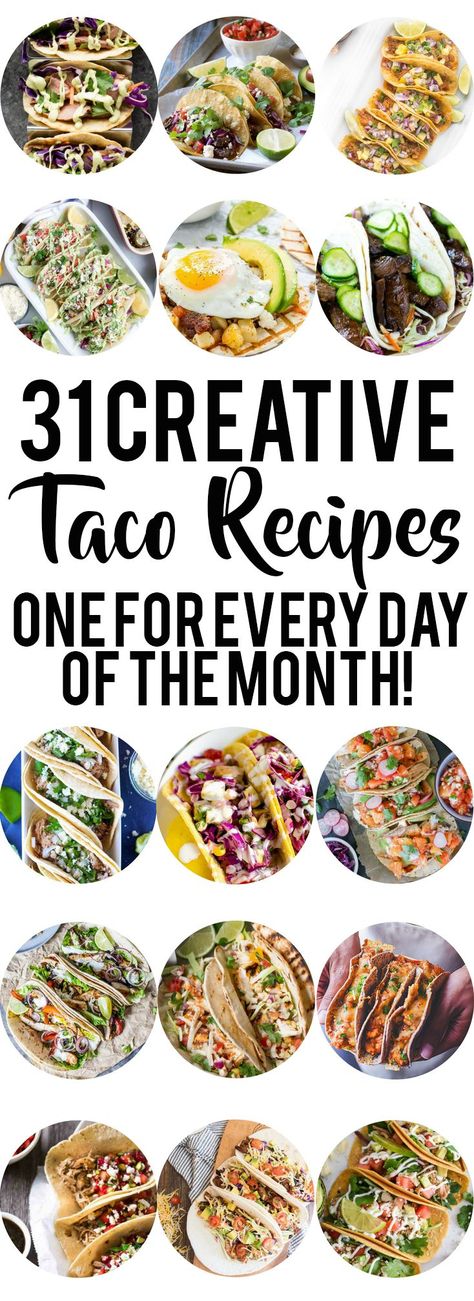 31 Creative Taco Recipes so you can have a different taco every day! Taco Tuesday | Steak Tacos | Chicken Tacos | Beef Tacos | Fish Tacos | Pork Tacos | Veggie tacos | Cinco De Mayo Recipes Tacos Pork, Tacos Fish, Tacos Chicken, Cinco De Mayo Recipes, Veggie Tacos, Vegetarian Tacos, Steak Tacos, Beef Tacos, Pork Tacos