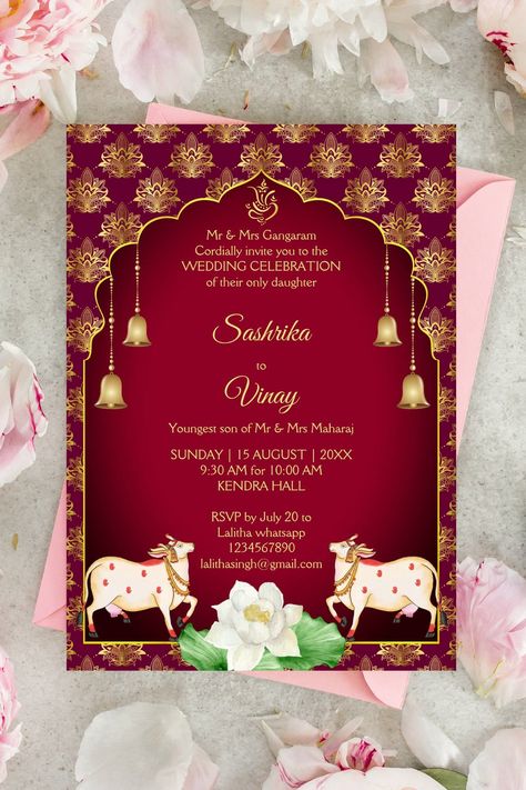 Maroon and gold Gomata bell garlands white lotus Indian wedding invitation template instant download Kids Jewelry Gold, Simple Nails Ideas, Gold Indian Wedding, Lotus Wedding, Hindu Wedding Invitation Cards, Indian Wedding Invitation, Hindu Wedding Invitations, House Warming Ceremony, Invitations Ideas