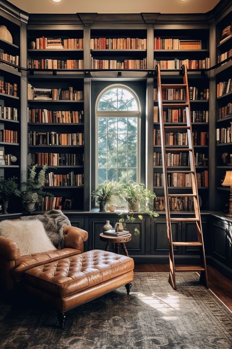 Home Study Room Personal Library, Library Room Cozy, Luxury Home Library, Blue Green Rooms, Vintage Home Library, Home Library Ideas, Dream Home Library, Home Library Decor, Home Library Rooms