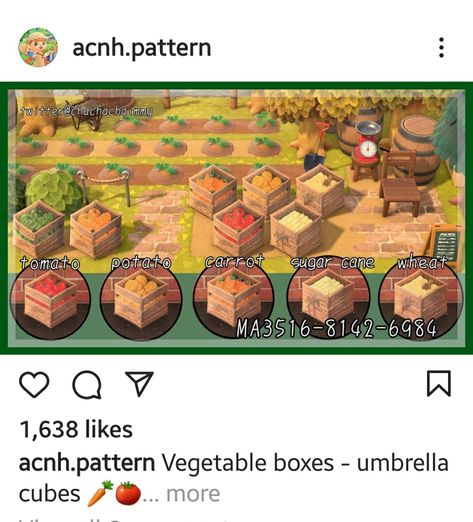 Acnh Box Design, Animal Crossing Fruit Stand, Umbrella Codes Acnh, Acnh Easter, Acnh Umbrella, Acnh Medieval, Acnh Spring, Orange Shelves, Carrot Farm