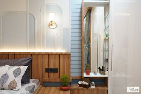 "Tangible Memories" (GK25) A Compact 3bhk Residence Located In The Streets Of Jaipur | Studio Timescape - The Architects Diary Parents Bedroom, The Architects Diary, Brick Cladding, Daughter Bedroom, Asian Paints, Oak Panels, Material Palette, Backdrop Design, High Gloss White