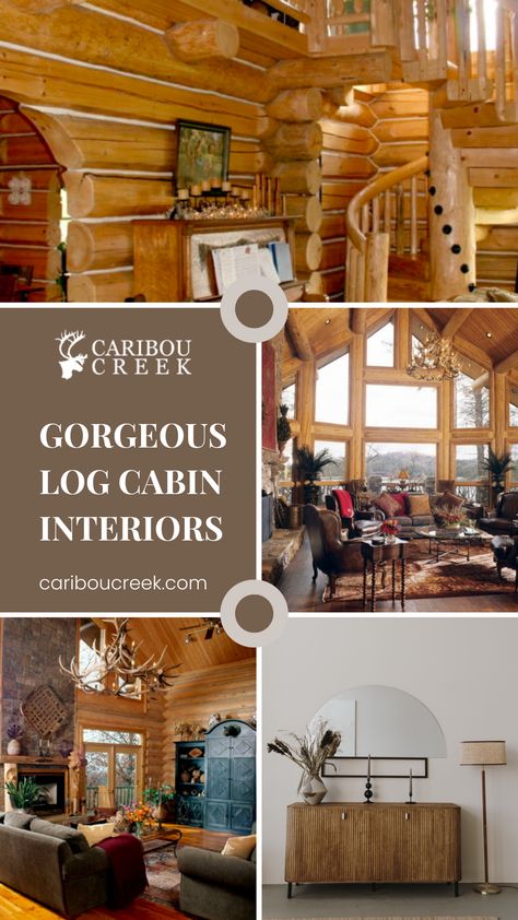 When it comes to log home interior inspiration, Caribou Creek Log Homes is the place to go! Check out the images you see here. #cabins #loghomes #customhomes Cedar Cabin Interior Design, Log Cottage Interior, Log Home Interior Stain Colors, Rustic Log Cabin Interior Ideas, Log Home Ceiling Ideas, Log Cabin Game Room Ideas, Log Cabin Entryway Ideas, Decorating A Log Cabin, Decorating A Log Home