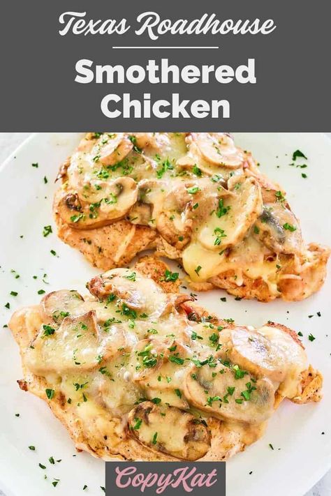 Texas Roadhouse Smothered Chicken, Smothered Chicken With Mushrooms, Texas Roadhouse Chicken, Chx Recipes, Copycat Texas Roadhouse, Smothered Chicken Recipes, Chicken With Mushrooms, Celiac Recipes, Inexpensive Dinners