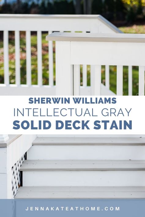 The best tips to stain a new wood deck in an afternoon. Achieve a modern color scheme for your exterior painted deck using these two colors available from Sherwin Williams SuperDeck solid deck stain. #jennakateathome #exteriorcolors #gray #whitetrim #moderndeck Sherwin Williams Deck Paint, Solid Stain Deck Colors, Grey Deck Stain, Solid Stain Deck, Sherwin Williams Deck Stain, Grey Deck Paint, Stain A Deck, Exterior Facelift, Deck Paint Colors