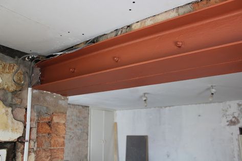 DIY: Exposing a Steel Beam & Fire Protection - Kezzabeth | DIY & Renovation Blog Exposed Steel Beams Ceiling, Exposed Steel Beam Kitchen, Exposed Steel Beam, Beam Cover, Beam Ideas, Steel Beam, Faux Rust, Metal Beam, Feature Wall Living Room