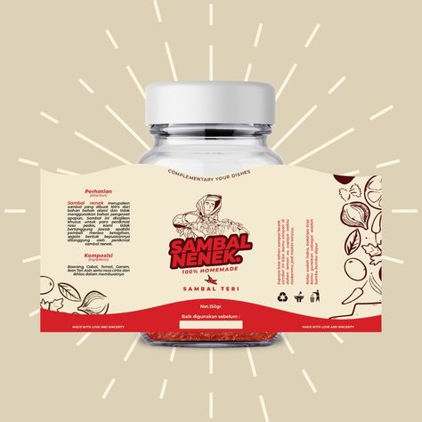 This is my Artwork for Sambal Nenek For bussiness inquiry : e-Mail : rizky.n.basir@gmail.com Instagram : www.instagram.com/rnbasyir Sambal Packaging Design, Logo Sambal Design, Sambal Packaging, Logo Sambal, Sambal Logo, Label Produk, Product Label Design, Cheese Packaging, Product Branding