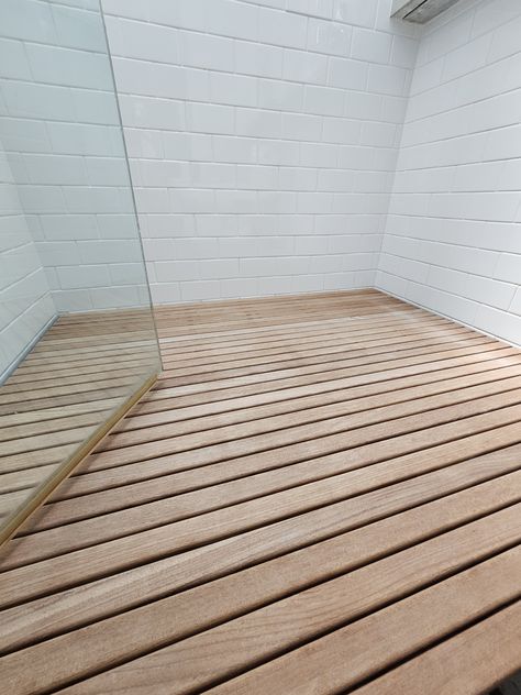 Feeling those zen vibes with this teak bathroom floor. Nature brings tranquility indoors. Teak is the perfect mix of warmth and elegance. ⁠ ⁠ #ProfoundConstruction #UES #HighEndResidential #HomeDesign #BathroomDesign⁠ #BathroomRenovation #TeakBathroom #LuxuryBathroom ⁠ Teak Floor Bathroom, Teak Shower Floor, Teak Floor, Zen Vibes, Teak Bathroom, Teak Flooring, Luxury Bathrooms, Round House, Wooden Slats