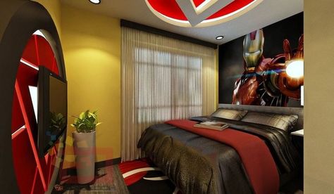 AVENGERS-THEMED Bedroom Iron Man Bedroom, Iron Man Room, Iron Man Theme, Avengers Bedroom, Marvel Bedroom, Avengers Room, Man Bedroom, Marvel Room, Ideas Habitaciones