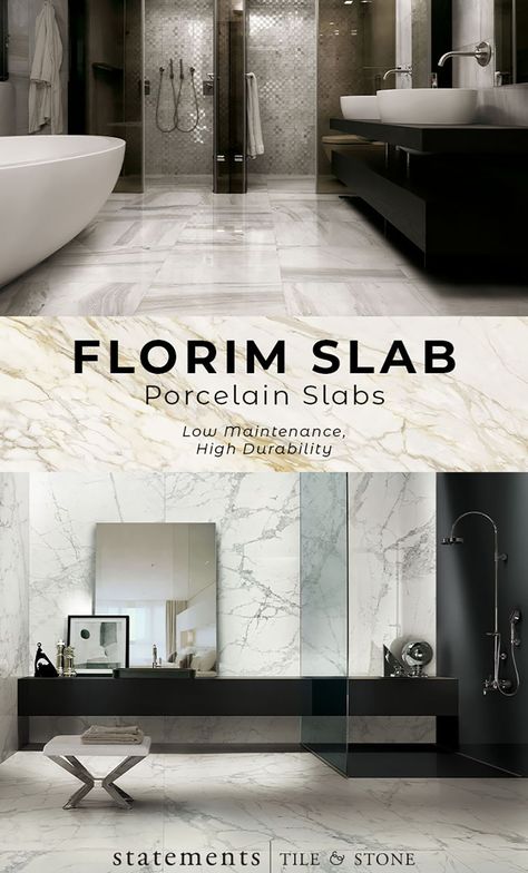 Porcelain slabs takes inspiration from marble to create a low maintenance, high durability option for walls or floors. #porcelain #marble #slab #tile Groutless Tile, 2022 Kitchen, Statement Tiles, Porcelain Slab, Marble Slab, Marble Bathroom, Marble Tile, Shower Stall, Faux Marble