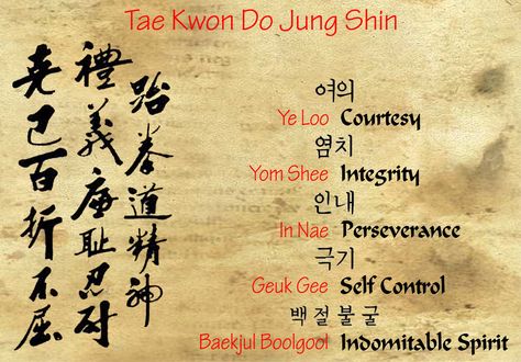 Taekwondo Tenets Tenants Of Taekwondo, Taekwondo Terminology, Taekwondo Tenets, Korean Martial Arts, Martial Arts Quotes, Simple Code, Tang Soo Do, Taekwondo Training, Tae Kwon Do