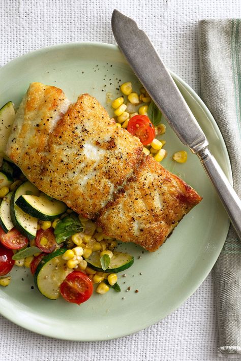 Seared Grouper with Corn, Zucchini, and Tomato Sautégoodhousemag Light Summer Dinners, Corn Zucchini, Summer Dinner Ideas, Healthy Summer Dinner Recipes, Light Summer Meals, Light Dinner Recipes, Easy Summer Dinners, Healthy Summer Dinners, Summer Recipes Dinner