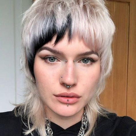 behindthechair.com (@behindthechair_com) • Instagram photos and videos Short Shag Shaved Sides, Black And White Mullet Hair, Black And Blonde Mullet, Short Punk Haircuts For Women, Blonde Punk Hair, Two Tone Mullet, Split Dye Mullet, Mullet Dyed Hair, Punk Mullet