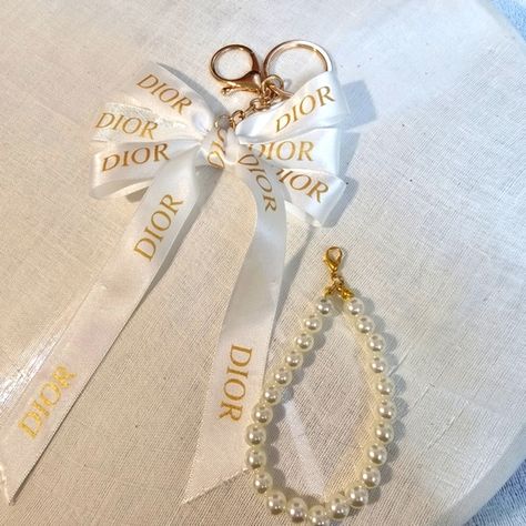 NWOT - satin ribbon keychain with bown and pearls dior print gold tone clip Dior Keychain, Dior Print, Diy Crafts Keychain, Pearl Keychain, Ribbon Keychain, Coach Tote Bag, Party Things, Job Promotion, Gucci Style