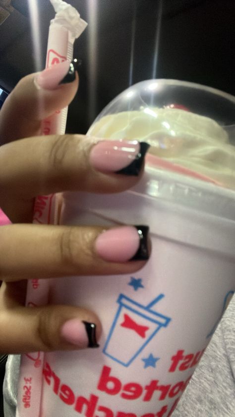 black french tip nails and sonic Pink Base Black French Tip Nails, Black French Tip Nails Pink Base, Black And Pink French Tip, Black And Pink French Tip Nails, Black French Tip Nails, Pink French Tip, Black French Tip, Black French Tips, Pink French