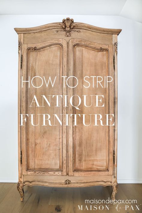 Find out how to get the stripped, raw wood look with this french antique armoire makeover! #antiquefurniture #furnituremakeover #woodfurniture Bleached Wood Armoire, Wood Veneer Furniture Makeover, Stripped Wood Dresser, Redoing Antique Furniture, French Country Painted Furniture, Redone Armoire, Wood Refurbishing, Antique Armoire Makeover, Diy Antique Furniture