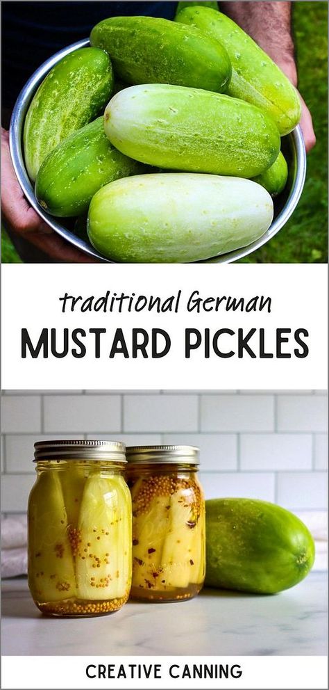 Discover how to make traditional German mustard pickles or Senfgurken, using overripe cucumbers, mustard seeds, and a simple vinegar brine. These thrifty pickle spears are a delicious way to make use of the end-of-season bounty. Perfect for adding a tangy crunch to your meals or as a unique snack. Find more easy cucumber recipes, preserving cucumbers, cucumber preservation, and Water Bath Canning Recipes at creativecanning.com. Cucumber Preservation, Preserving Cucumbers, Pressure Canning Meat, Pickle Spears, Water Bath Canning Recipes, Canning Jam Recipes, Pressure Canning Recipes, Cucumber Canning, Lime Pickles