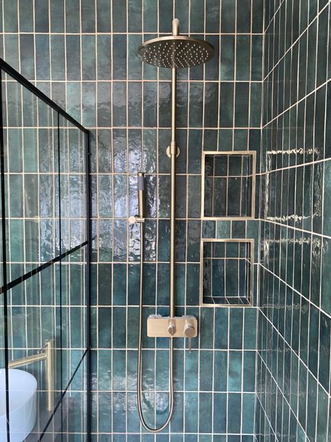 Moss Green Tile Bathroom, Green Tile Gold Grout, Green Tile Walk In Shower Ideas, Green Tiles Grey Grout, Green Tile Black Grout, Gold Shower Fixtures, Green Shower Tile, Large Tile Bathroom, Green Tile Shower Ideas