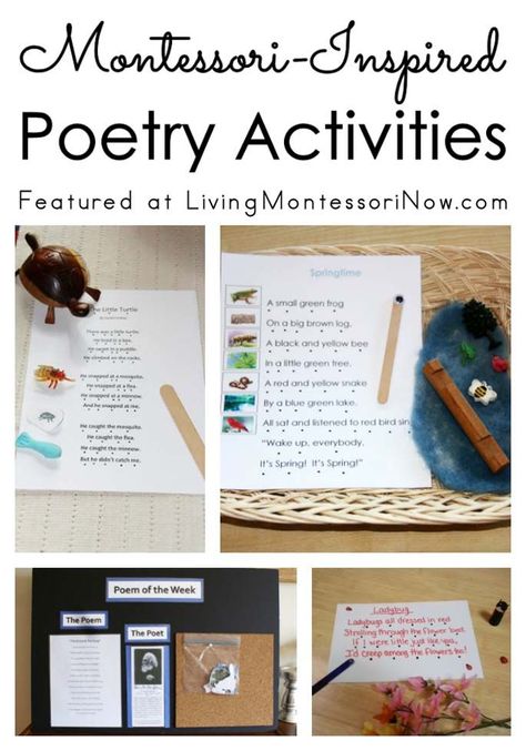 Roundup with lots of Montessori-inspired poetry activities for a poetry unit or for individual poetry activities at home or in the classroom. Preschool Writing Activities, Poetry Study, Kindergarten Poetry, Montessori Grammar, Montessori Kindergarten, Montessori Language, Classroom Homeschool, Toddler Montessori, Montessori Elementary