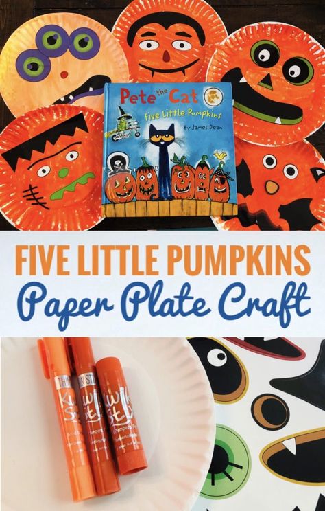 Check out this fun paper plate craft to go along with Pete the Cat's Five Little Pumpkins book. It's really cute and easy to create. Five Little Pumpkins Book Inspired Paper Plate Craft #paperplatecrafts #bookcrafts #bookish #preschool #preschoolactivities #halloweenbooks #halloween #craftsforkids #pumpkincrafts Fall Books With Crafts, Pumpkin Book Craft, Pete The Cat Five Little Pumpkins Craft, Halloween Book And Craft Kindergarten, Pete The Cat Halloween Craft, Pete The Cat 5 Little Pumpkins Activity, Halloween Book And Craft, Fall Book And Craft Kindergarten, 5 Little Pumpkins Craft