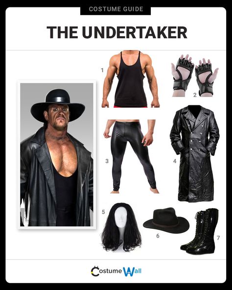 The best costume guide for dressing up as The Undertaker. Cosplay the horror-theme wrestler who is one of the greatest in WWE history. 90s Wrestlers Costumes, Family Wrestler Costumes, Wwe Wrestling Costumes, 80s Wrestlers Costume, Wwe Family Costumes, Undertaker Outfit, Wwe Undertaker Costume, Wwe Costumes Women, Wwe Wrestlers Costumes