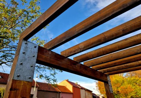 Terrace with wooden pergola and plexiglass roof. vines are straining, stock image Plexiglass Roof, Yard Playground, Wooden Pergola, Vector Portrait, Terrace, Vines, Pergola, Roof, Stock Images