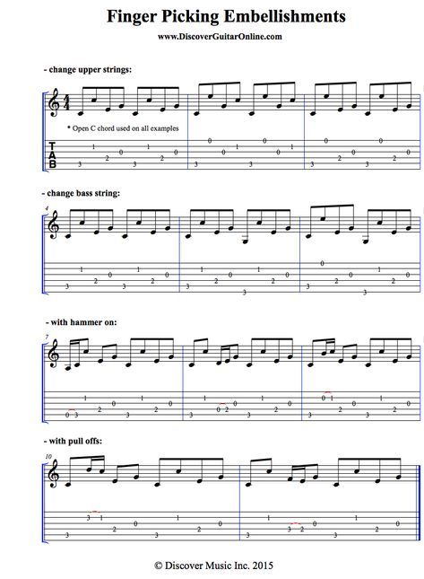 Finger Picking Pattern Embellishments | Discover Guitar Online, Learn to Play Guitar Guitar Theory, Electric Guitar Lessons, Finger Style, Guitar Fingers, Guitar Exercises, Music Theory Guitar, Guitar Lessons Songs, Guitar Tabs Songs, Bass Guitar Lessons