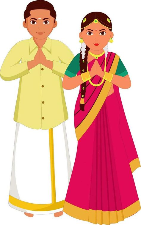 South Indian Wedding Couple Greeting Namaste In Traditional Dress Of Tamil Nadu. South Indian Drawing, Tamil Nadu Traditional Dress, Tamilnadu Traditional Dress, Tamil Traditional Dress, Tamil Culture Drawing, South Indian Couple Illustration, South Indian Illustration, South Indian Traditional Dress, Namaste Illustration