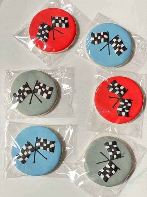 Race Car Biscuits, Race Theme Cookies, Race Car Cookies Royal Icing, Fast And Furious Cookies, Race Car Themed Cookies, Race Car Birthday Desserts, Race Car Cookie, Racing Cookies Decorated, Checkered Flag Cookies