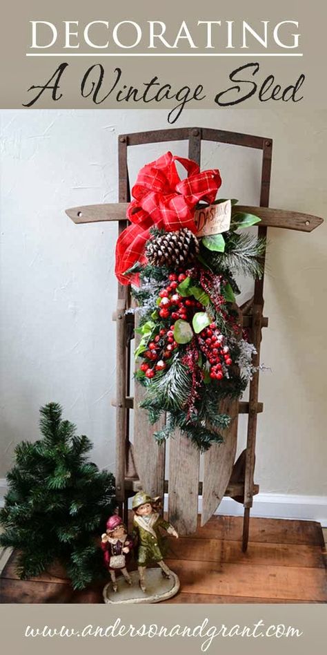 anderson + grant: Decorating a Vintage Sled for Christmas Christmas Sled Decoration, Sled Decor, Wooden Sled, Vintage Sled, Christmas Sled, Outdoor Christmas Tree, Christmas Sleigh, Ideas Vintage, Christmas Porch