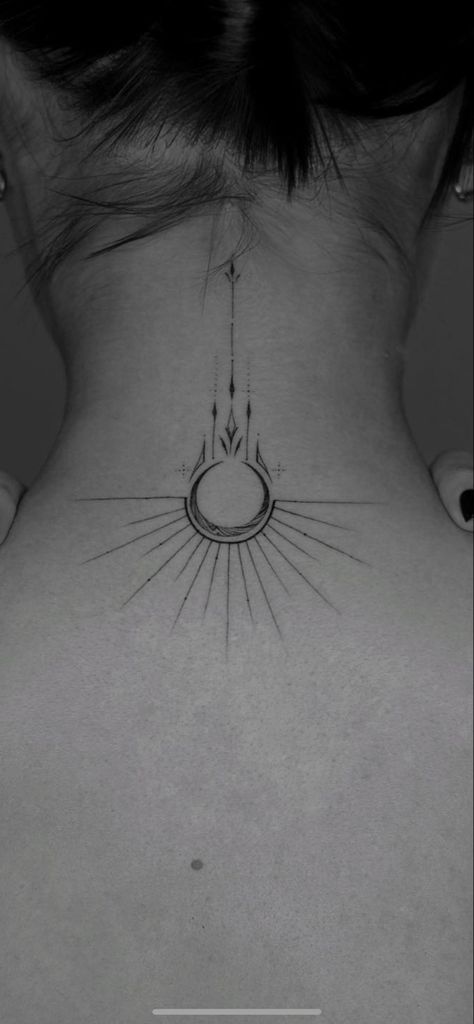 Air Tattoo Ideas Symbols, Raising Woman Symbol Tattoo, Center Of Neck Tattoo, Lotus Sun Moon Tattoo, Rising Woman Tattoo Ideas, Back Tattoo Meaningful, Minimalist Tattoo Back Women, Rising Woman Symbol Tattoo Sternum, The Rising Woman Tattoo