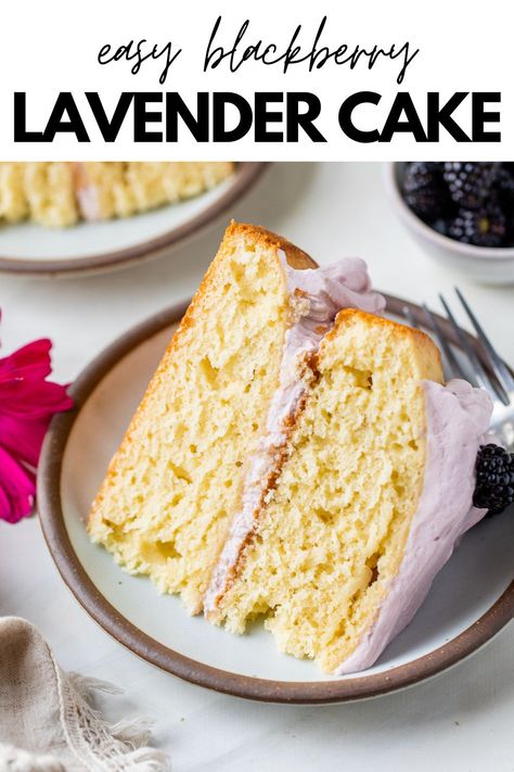 This Lavender Cake is the cake of my dreams, and hopefully yours too! The cake portion is a moist yellow cake, and it's topped with blackberry-lavender whipped cream and mascarpone icing, making it ideal for any special occasion. #cake #lavender #lavendercake #dessert Black Lavender Bundt Cakes, Lavender Blackberry Cake, Blackberry Desserts, Lavender Food, Mascarpone Icing, Cake Lavender, Coconut Flour Cakes, Blackberry Lavender, Blackberry Dessert