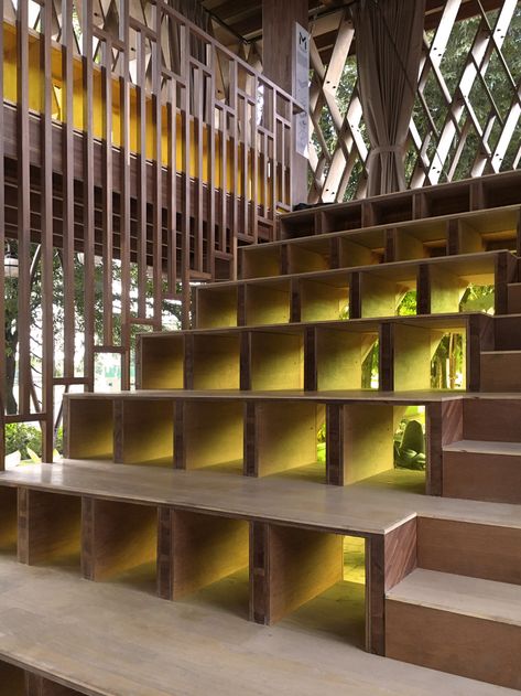 Microlibrary Warak Kayu by Shau features net floor and swing Extreme Architecture, Architecture References, Church Retreat, Outdoor Toilet, Building Stairs, Building Foundation, Brick In The Wall, Wood Building, Central Java