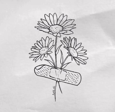 Sunflower Minimalist Tattoo, Band Aid Drawing, Minimal Sunflower Tattoo, Minimalistic Sunflower Tattoo, Band Aid Tattoo, Stars Tattoo, Tattoo Practice, Sunflower Tattoos, Doodle Inspiration