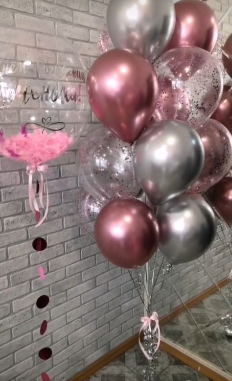 Pink Gold And Silver Birthday Party, Silver And Pink Party Decorations, Pink Silver Balloons, Silver And Pink Balloons, Pink And Silver Balloons, Rose Gold Party Theme, Birthday Room Surprise, Pink Birthday Party Decorations, 18th Party Ideas