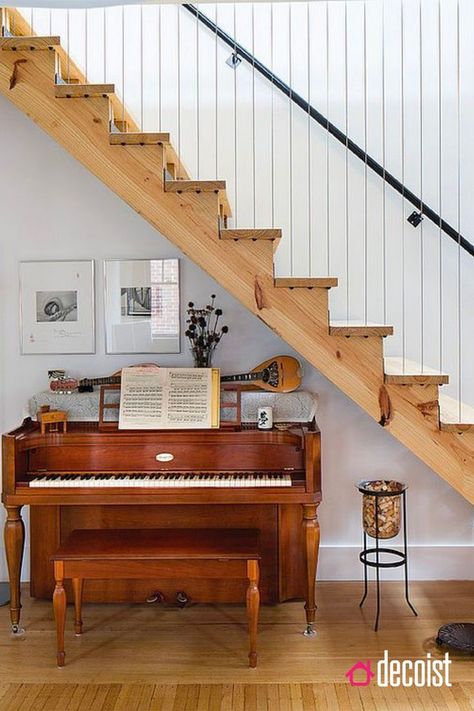 Piano Under Staircase, Piano Under Stairs, Mudroom Shelves, Under Staircase Ideas, Staircase Contemporary, Under Staircase, Under Stairs Ideas, Future House Design, Stairway Ideas